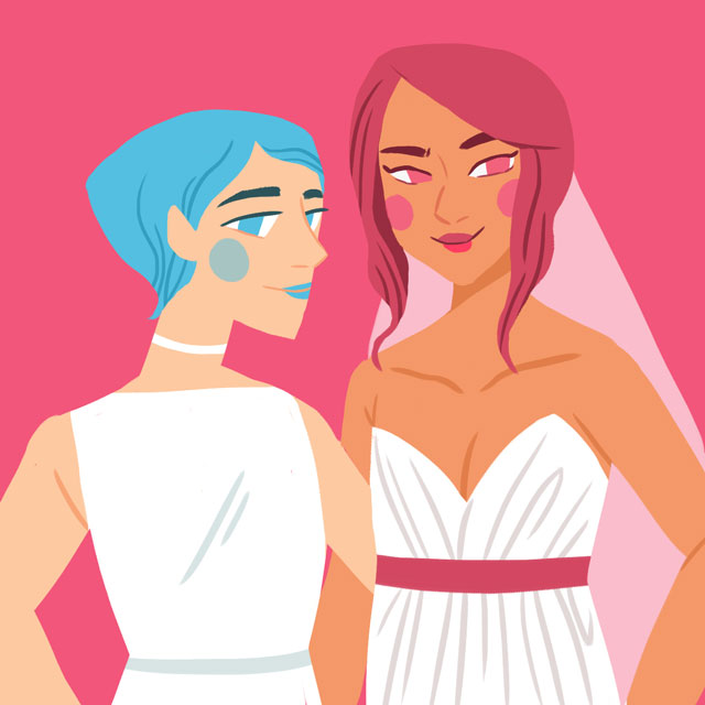 two women of different blood types in wedding dresses